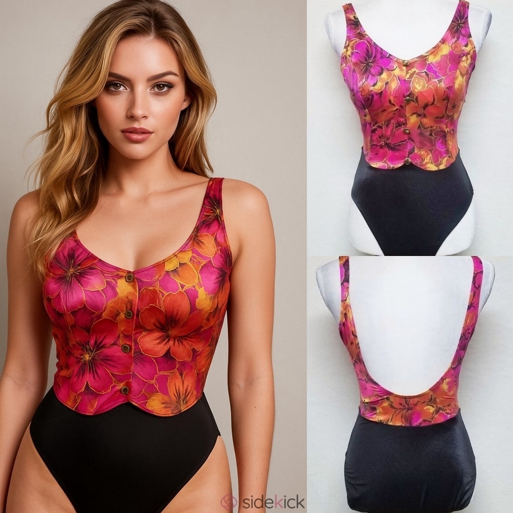 Jantzen Vintage Gold Foil Floral Black Colorblock Backless One-piece Swimsuit 12
